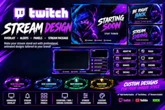 design animated twitch stream overlay, alerts, panels, and stream package