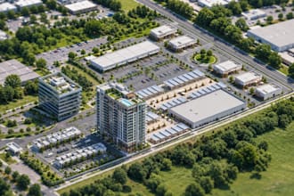 urban masterplan, commercial building development plan, site aerial view render