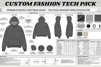 design fashion tech pack , clothing tech pack and flat sketch for manufacturing