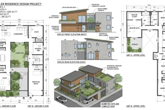 house city permit drawings,  elevations, deck, framing and floor plans