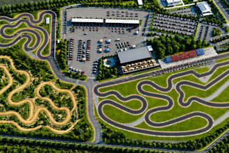 design an indoor go kart track, racing center and motorsport facility in 3d