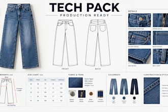 create denim jeans tech pack, apparel design and garment specifications