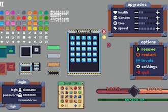 create pixel game ui, pixel hud, gui, menu, pixel bar, asset, items for any game