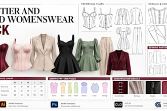 create corset, bustier and structured womenswear tech pack with sewing pattern