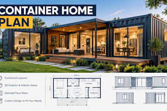 design 3d container house, tiny house, cabin house, architecture home blueprint