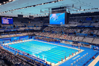 design a 3d swimming arena, aquatic center and sports facility