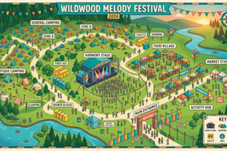 design an illustrated festival map, music festival map, event map and site plan