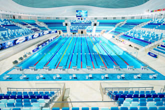 design 3d swimming arena, aquatic center, competition pool, indoor swimming