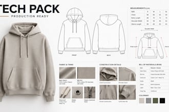 create a hoodie tech pack for manufacturing with technical flats and bom