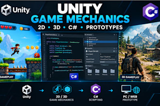 build unity 2d 3d game mechanics, csharp gameplay scripting and web pc prototype