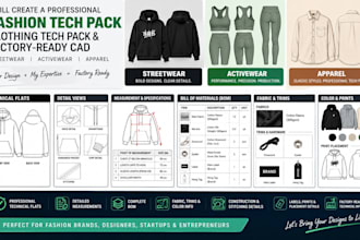 create streetwear, activewear apparel tech packs with technical flats and bom