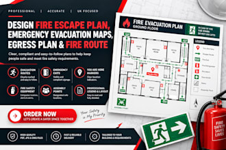 design fire escape plan, emergency evacuation maps, egress plan and fire route