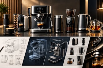 design coffee machines, espresso makers and beverage appliances, tea maker in 3d