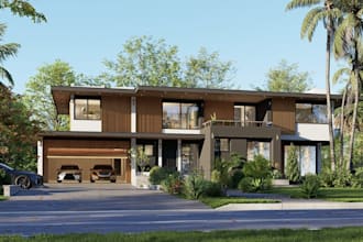 retrofit 3d modern luxury villa,glass facade,backyard pool,balcony,patio render
