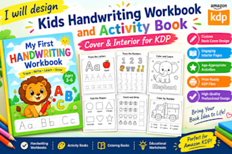 design kids handwriting workbook and activity book cover interior for KDP