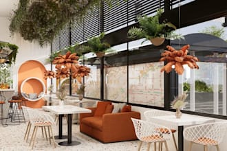 photorender 3d restaurant interior, modern bistro, cafe facade, vray rendering