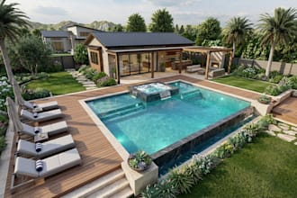 3d design luxury swimming pool, deck, pool house patio layout, yard landscaping