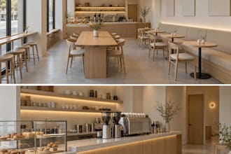 coffeeshop interior with photorealistic 3d renders