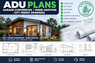 draw adu plans, garage conversion, home addition, city permit drawings