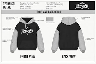 create streetwear tech pack for hoodies tshirts apparel ready for manufacturing
