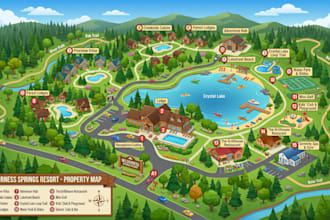 design custom 2d 3d resort map, hotel map, vacation and property vector map