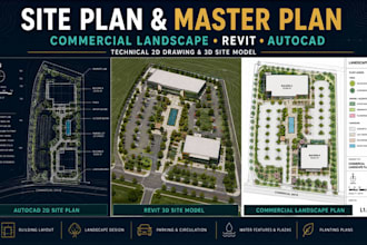 draw architectural site plan, masterplan, commercial landscape plan in autocad