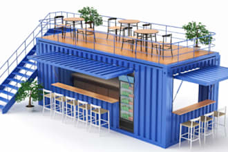 create realistic 3d designs for container coffee shops and restaurants