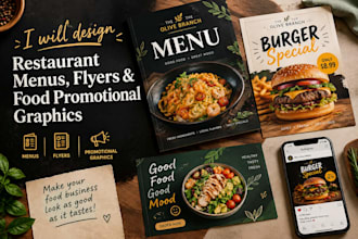 design restaurant menus, flyers and food promotional graphic