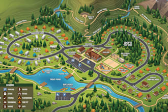design custom rv park map, campground map, campsite and caravan vector park maps