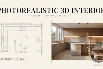 do realistic 3d kitchen design, interior rendering and cabinet remodel