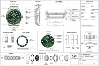 design luxury watch cad design, technical drawing for manufacturing, animation
