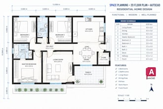 create a 2d floor plan, autocad layout and space planning for residential homes