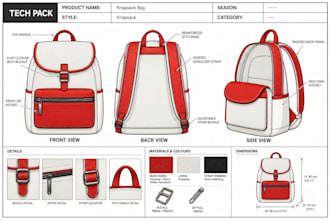 create backpack tech pack, travel bag, school bag, rucksack, specs, production