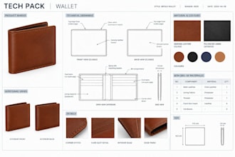 create a professional wallet, purse, leather goods tech pack for manufacturing