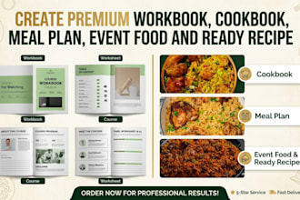 create premium workbook, cookbook, meal plan event food and ready recipe
