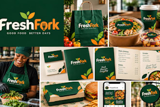 design food logo, full restaurant brand identity, menu design, food packaging