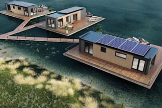 render3d private floating homes,roof solar panel,exterior visual,lakeside resort