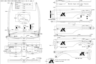 luxury eyewears cad design, fashion sunglass technical drawing for manufacturing