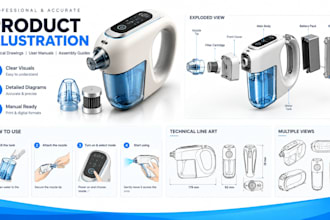 create product illustrations, line art and technical visuals for product manuals