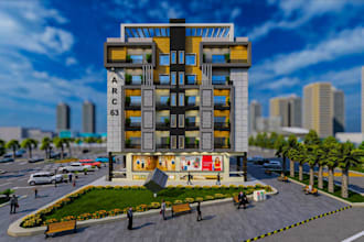 develop midrise apartment complex,mixed use building,multi floor property render