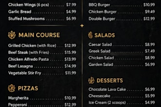 design a professional restaurant food menu