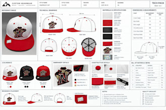 l create professional hat, cap, headwear designs with tech packs for manufacture