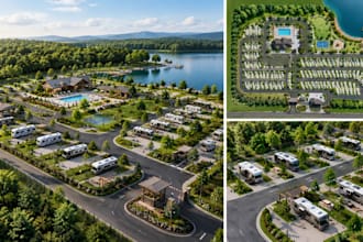 design rv resort site plan, compound rv pack, rv park layout and 3d site plan