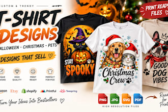 design halloween, christmas, pets tshirt designs santa cat, dog print on demand