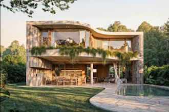 reproduce 3dbiophilic villa,outdoor dining area,open plan layout,poolside render