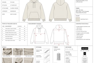 design oversized hoodie, polo hoodie flat sketch and production tech pack