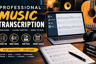 transcribe music into guitar tab, sheet music or midi for any instrument