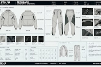 design streetwear tech packs for jackets and pants with technical drawings