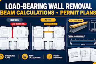 design load bearing wall removal plans with beam sizing calculations for permits