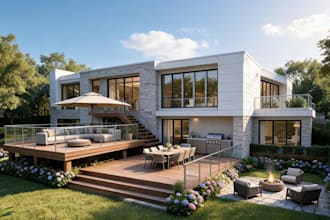 create backyard landscape rendering, deck design and real estate 3d site plan